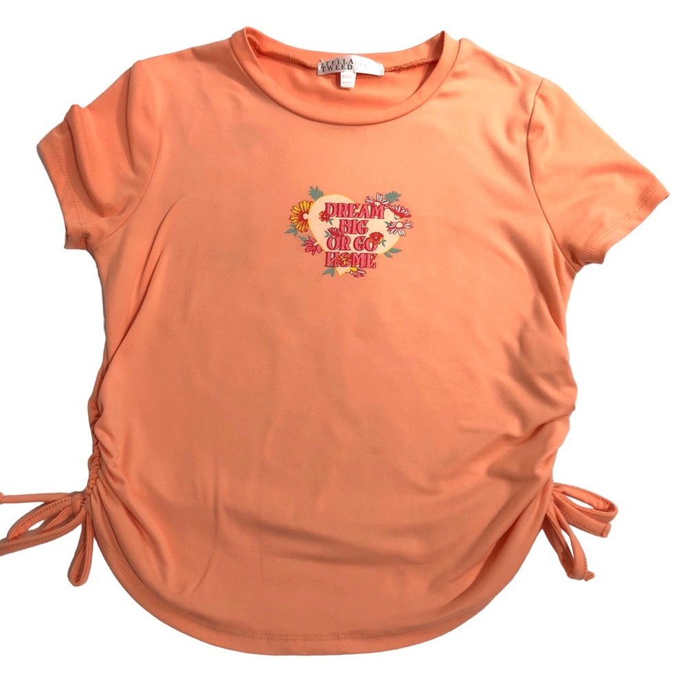 STELLA TWEED Top T-Shirt Size 10 Short Sleeve Peach Inspirational Graphic